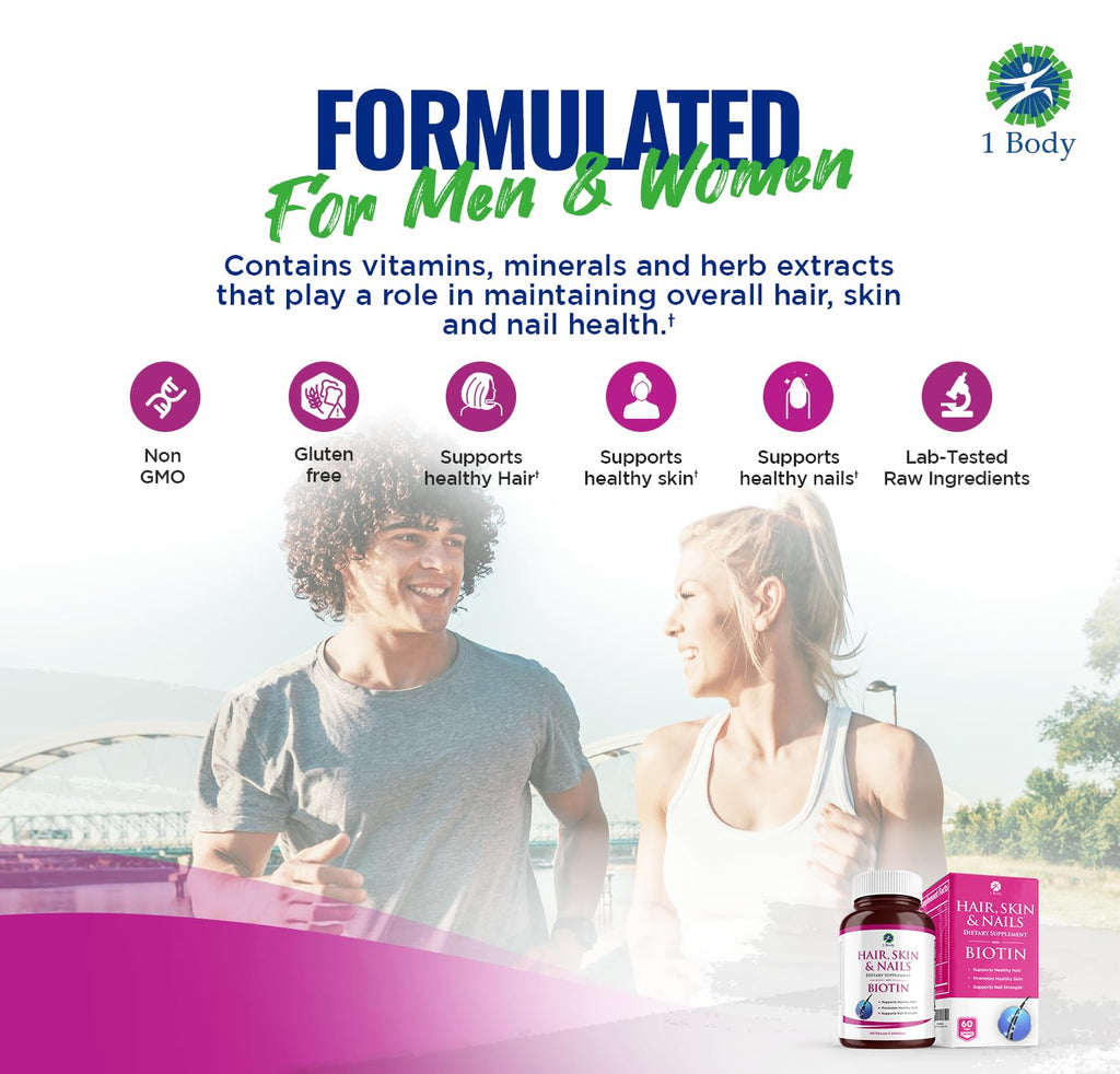 1 Body Hair Skin & Nails with Biotin, Vegan Vitamins, 3 Pack