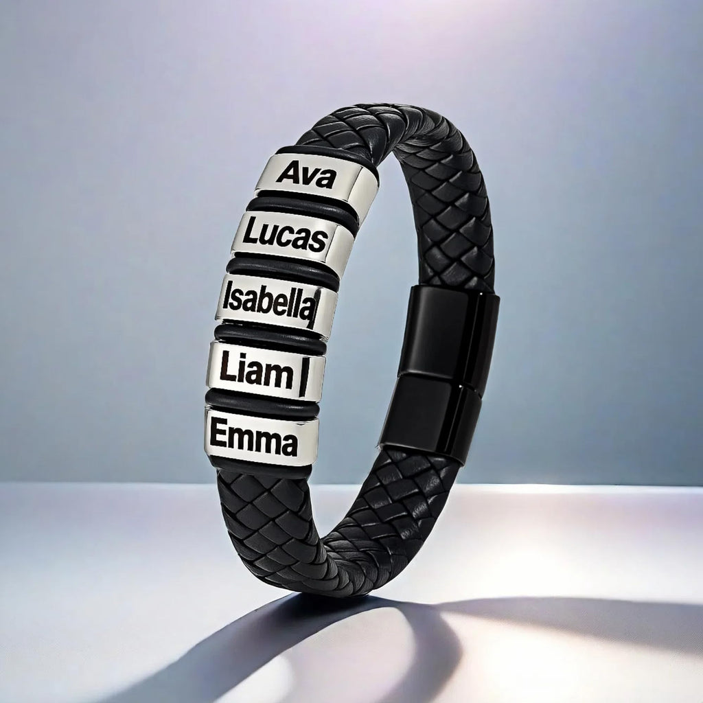 Tina&Co Personalized Men's Bracelet with 0–6 Name Beads – Black Braided Leather, Adjustable Sizes, Custom Gift for Dad, Husband, Son, Boyfriend