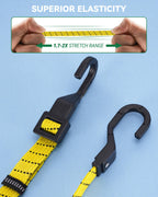 4 Pack 4 Way Flat Adjustable Bungee Cords with Hooks, Easy to Adjust The 4 Sides Length, Lucky Straps 30 Inch Black/Yellow Heavy Duty Tack Strap for Bike, Motorcycle, Roof Rack, Kayak, Cargo, etc