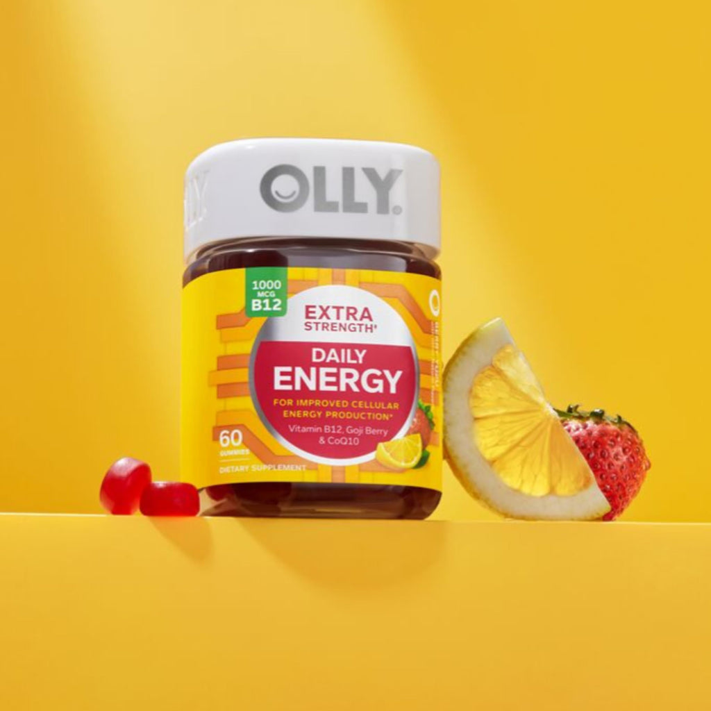 OLLY Extra Strength Daily Energy Gummy, Caffeine Free Cellular Energy Production,* 1000 mcg Vitamin B12, CoQ10, Goji Berry, Adult Chewable Supplement, Berry Yuzu Flavored, 30 Day Supply - 60 Count