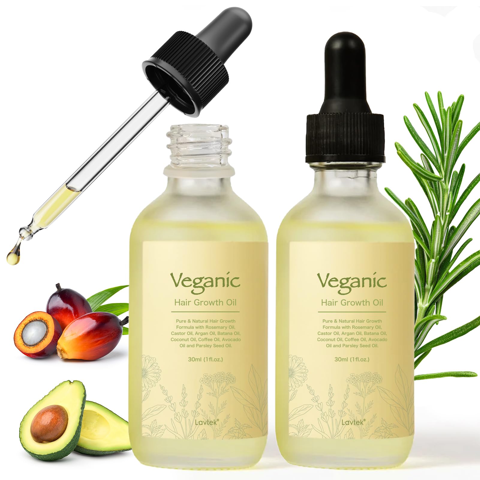 Vegan Natural Hair Growth Oil Kit, Vegan Hair Growth Oil Kit with Rosemary Oil, Castor Oil, Argan Oil, Raw Batana Oil, Vegan Hair Oil for Hair Growth, 2 Pieces