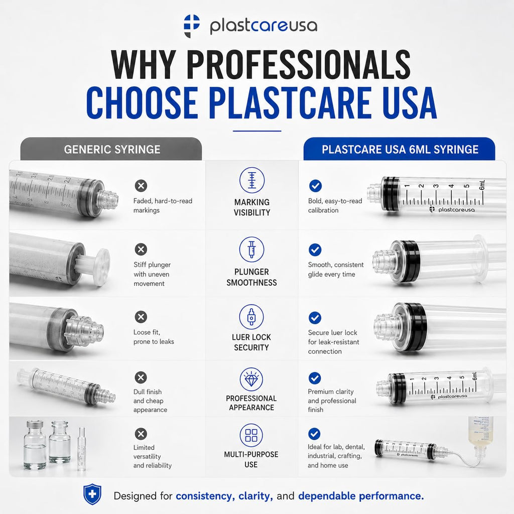 100 6ml Luer Lock Syringe without Needle, Disposable Luer Slip Tip Syringes - Non-Sterile, Latex-Free Plastic Dispenser by PlastCare USA