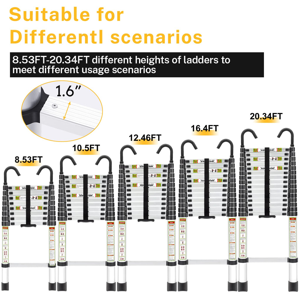 RIKADE Telescoping Ladder, 20.3 FT Aluminum Lightweight Collapsible Ladder with Detachable Top Hooks, 330 lbs Max Load, Extension Ladder for RV, Roof and Construction, Aluminum