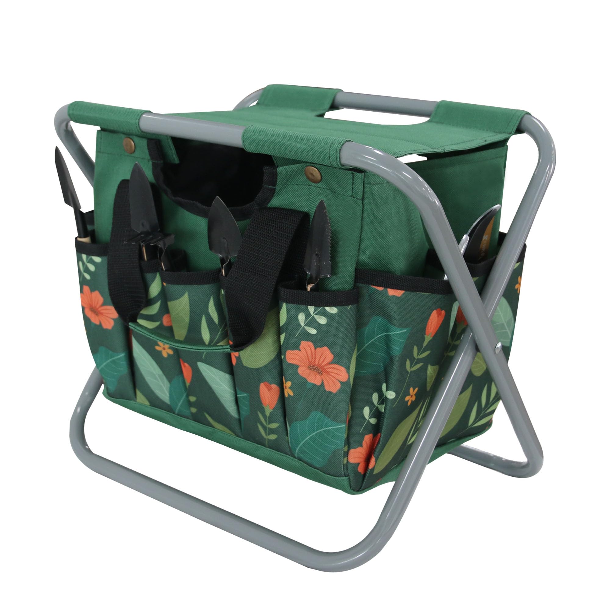 GeerDuo Folding Gardening Stool with Detachable Storage Tote Bag, Multifunctional Gardening Tools Set Organizer for Fishing and Camping,Portable Garden Chair Seat for Adults (Green Flower)