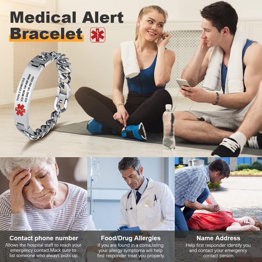 Giftider Custom Medical Alert Bracelet Engraved Emergency ID Stainless Steel Bracelets for Adults Men Women 7.5-8.5-9.8 Inch