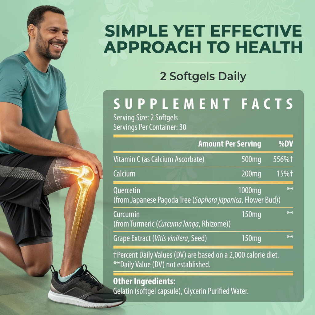 Quercetin Supplement 1000mg Softgels – Joint Health Supplement for Mobility, Flexibility & Antioxidant Boost with Turmeric, Grape Seed Extract & Non-Acidic Vitamin C – 60 Vegan Softgels – 2Pack