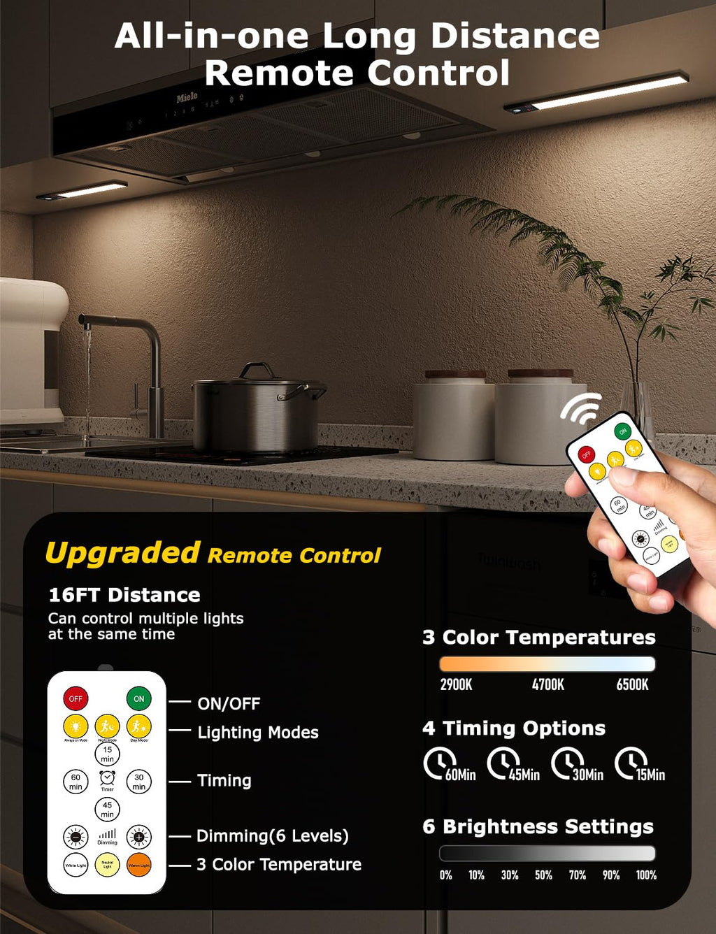 12" Under Cabinet Lighting Wireless, Remote, Motion Sensor, 4Pack, Black