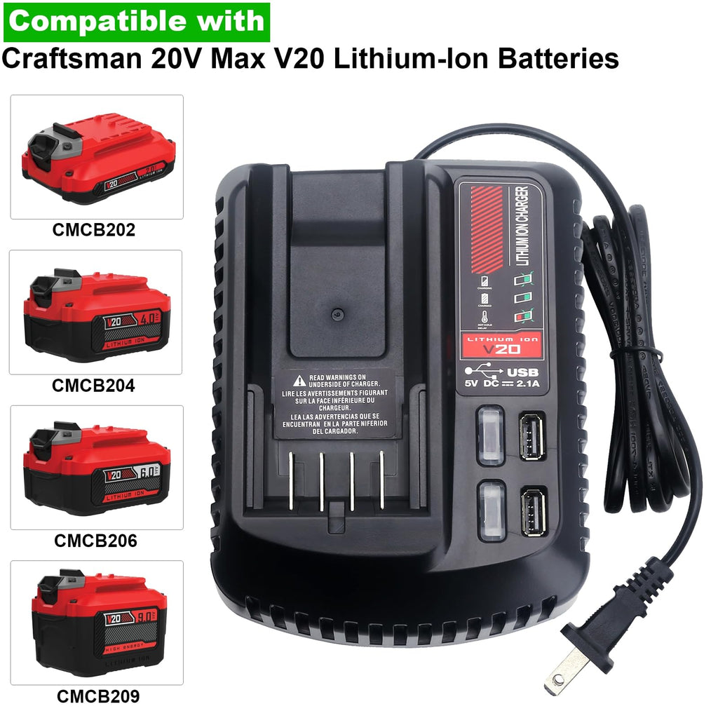 V20 Battery Fast Charger CMCB104 Replacement for Craftsman V20 20V max Lithium Battery Charger for CMCB201 CMCB202 CMCB204 CMCB205 CMCB206, with 2 USB Ports