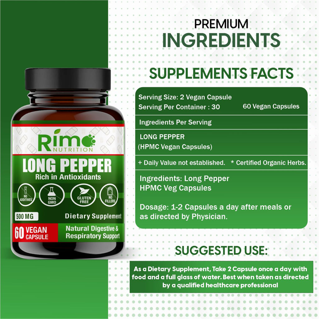 Rimo Nutrition Long Pepper 60 Vegan Capsules Natural Senolytic Supplement Agent – with Piper longumine (500mg)