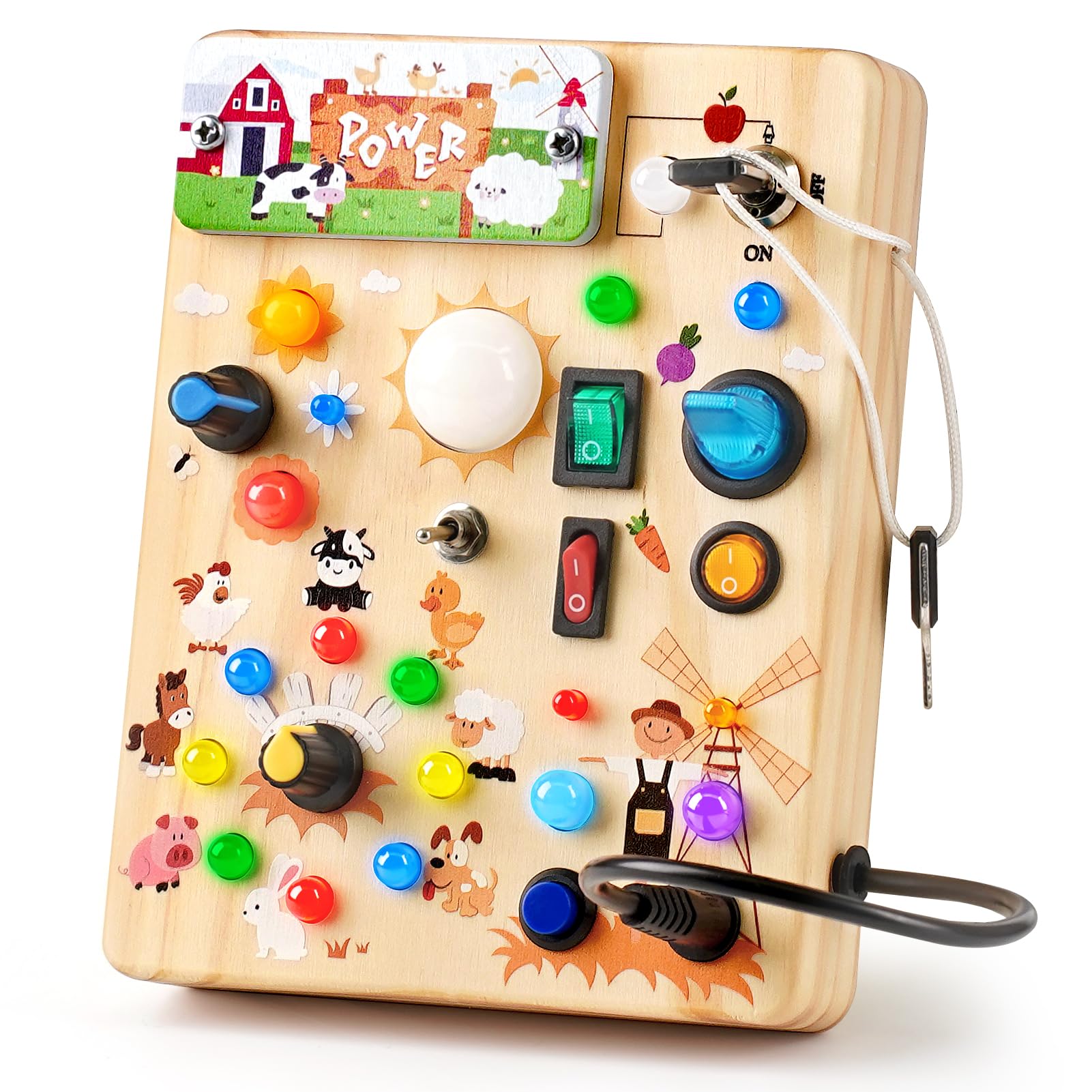 Joyreal Wooden Busy Board with LED Light, Montessori Toddler Toys, Wooden Sensory Board, Toddlers Activity Travel Toys for Boy & Girl Birthday Gift (Farm Theme)