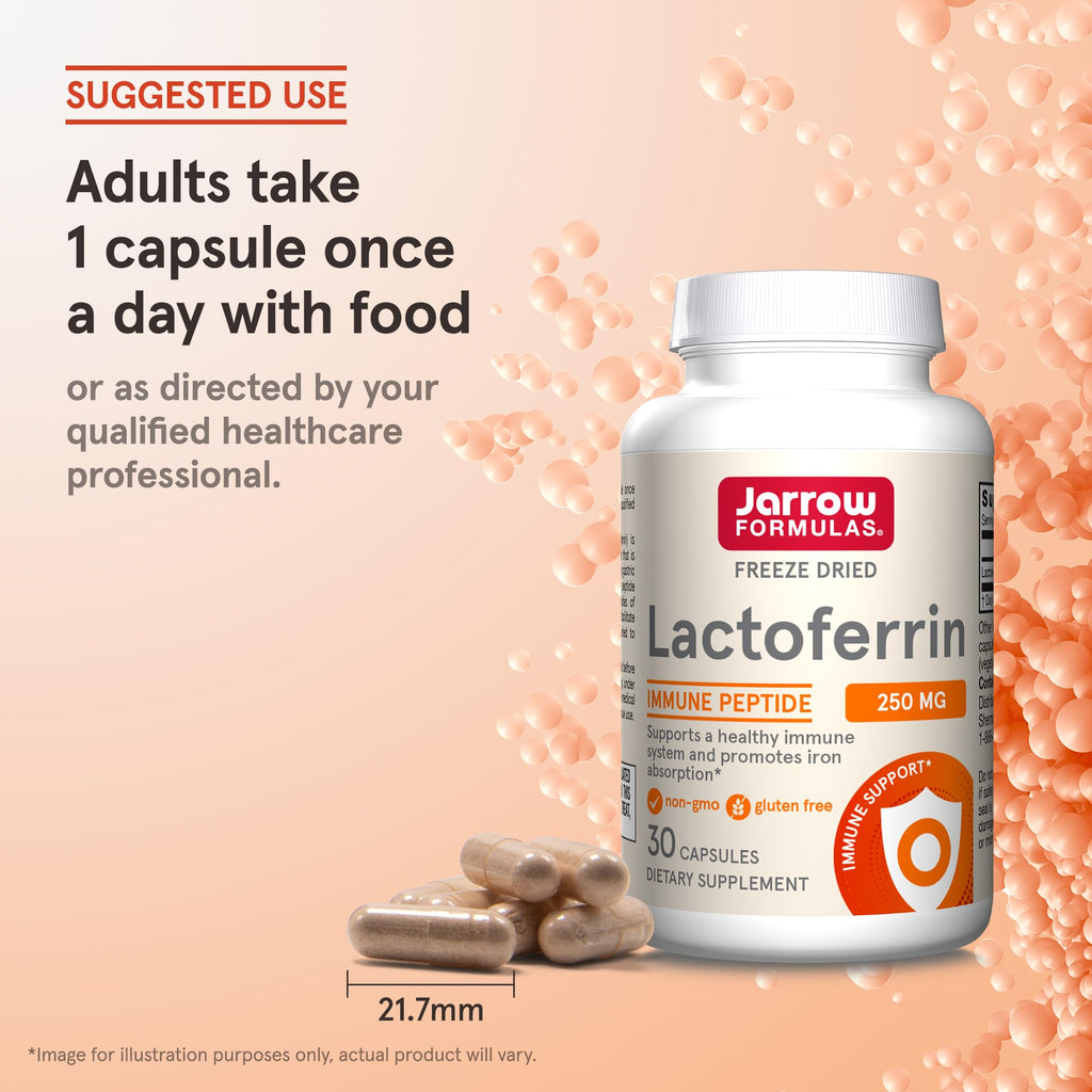 Jarrow Formulas Lactoferrin Supplements 250 mg - Immune-Supporting Glycoprotein for Healthy Immune System Support & Iron Absorption - Freeze Dried, Gluten Free, Non-GMO - 30 Capsules (Servings)