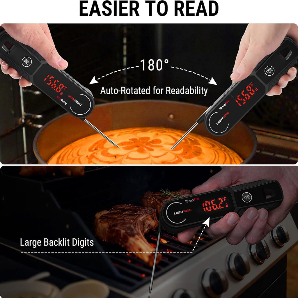 TempPro Lightning 1 Sec Instant Read Meat Thermometer, Kitchen Food Thermometer with 180° Rotating Display, IP67 Waterproof Cooking Thermometers for Deep Fry Smoker Grill BBQ(Previously ThermoPro)