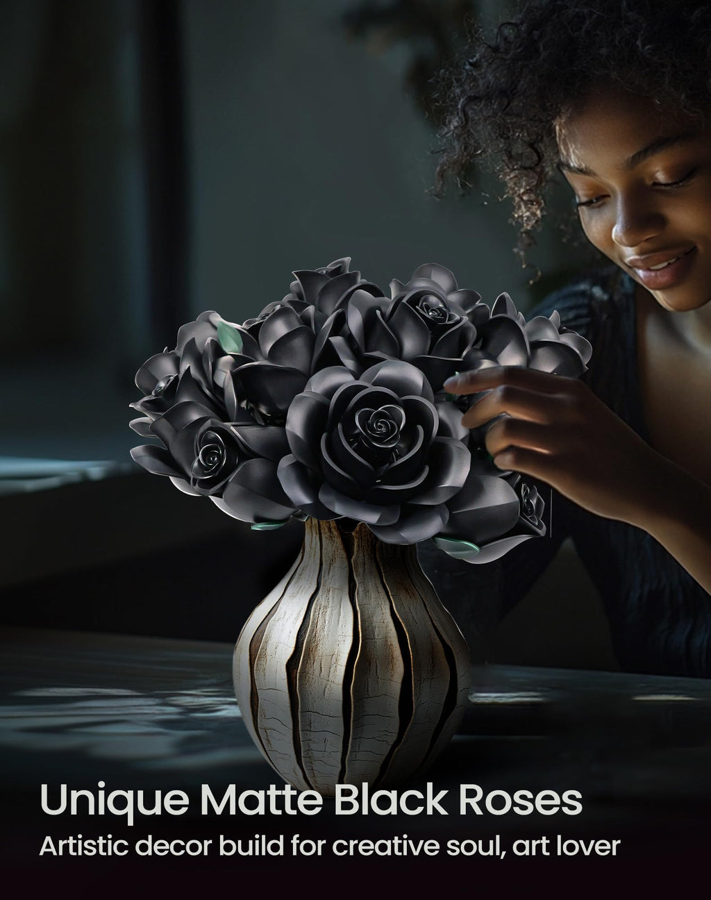 iATOM Black Rose Bouquet Building Set, Compatible with Lego Flowers for Adults - Halloween Artificial Flowers Kit, Gothic Horror Retro Botanical Collection Home Decor - IA11001