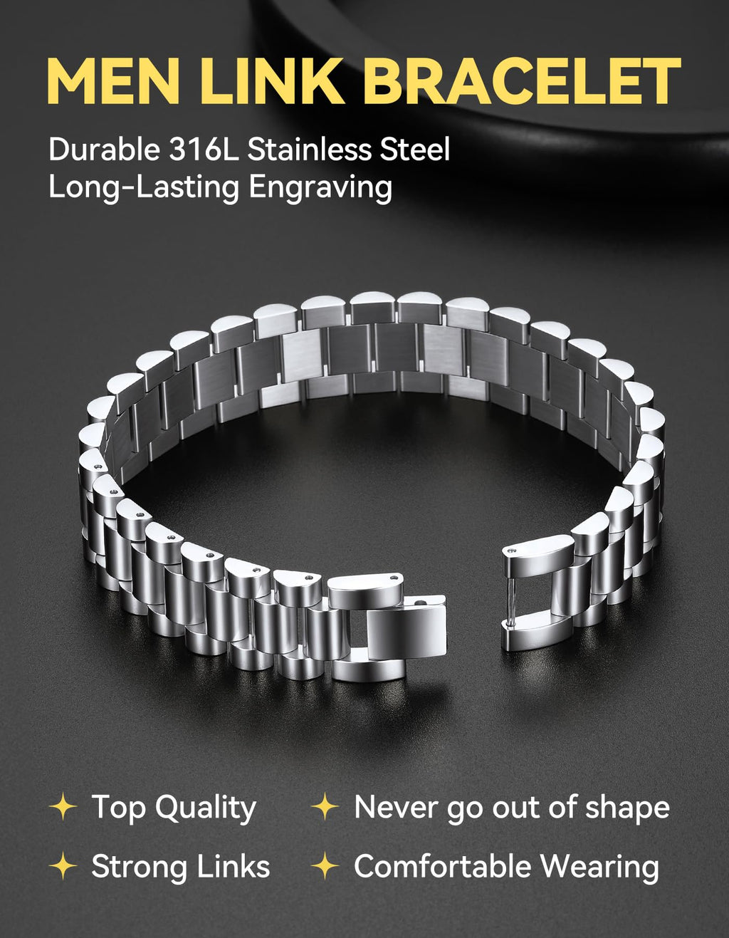 ChainsHouse Men Stainless Steel Bracelet Silver Adjustable Custom Engraved