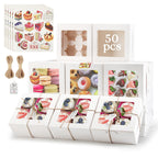 OAMCEG 50 Pack Cupcake Boxes with Window 6x6x3 Inches Cookie Boxes, Bakery Treat Boxes for Pastry, Desserts, Chocolate Strawberries, Cupcake Containers, Gift Giving with Stickers & Twine （White）