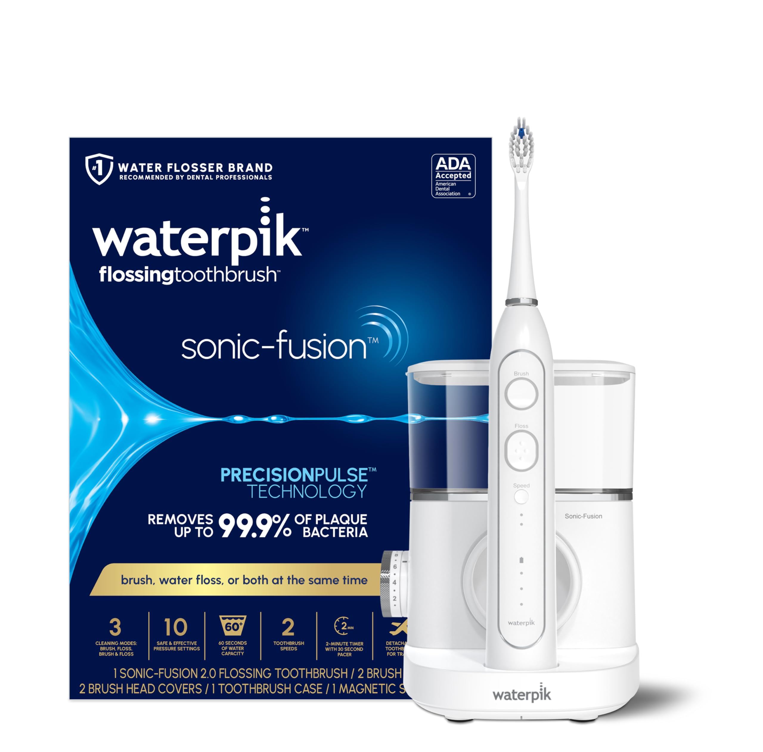Waterpik Sonic-Fusion 2.0 Professional Flossing Electric Toothbrush with Water Flosser Combo Two In One, For Daily Gum Care and Cleaning Teeth, Braces, Implants, White SF-04CD010-1, Packaging May Vary