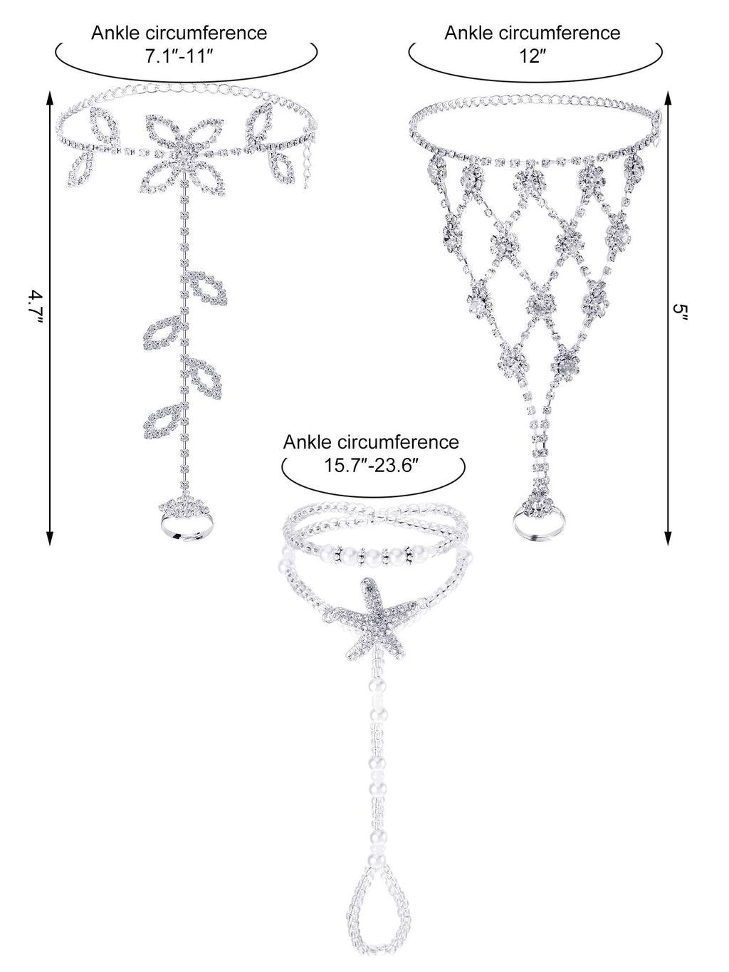 Hicarer 6 Pcs Foot Jewelry Barefoot Sandals for Women Rhinestone Bohemian Foot Ankle Chains for Beach Wedding(Rhinestone Star Leaf Mesh Style)