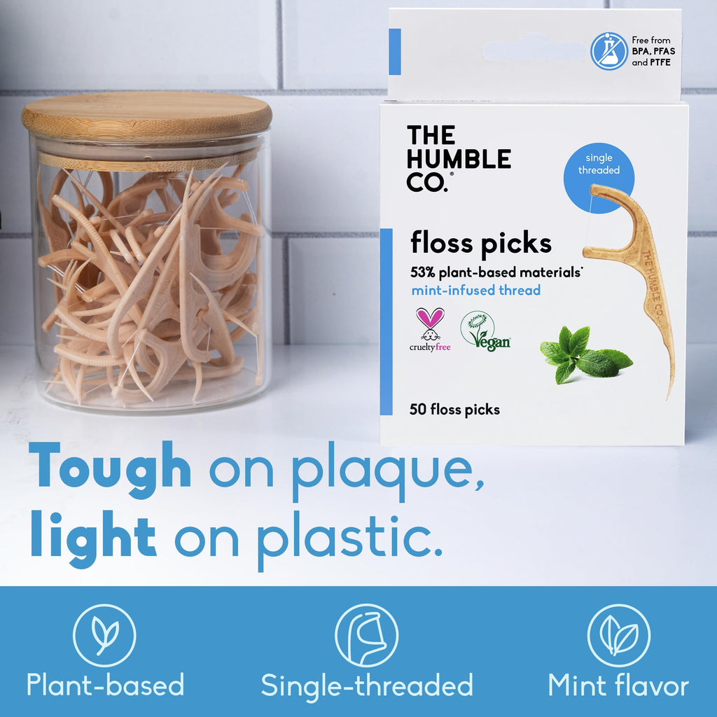 The Humble Co Dental Floss Picks for Teeth, 200 Count (Mint) - Single Thread Tooth Picks Flossers for Adults Gum Health - Plant-Based Toothpick Floss for Interdental Oral Care & Hygiene