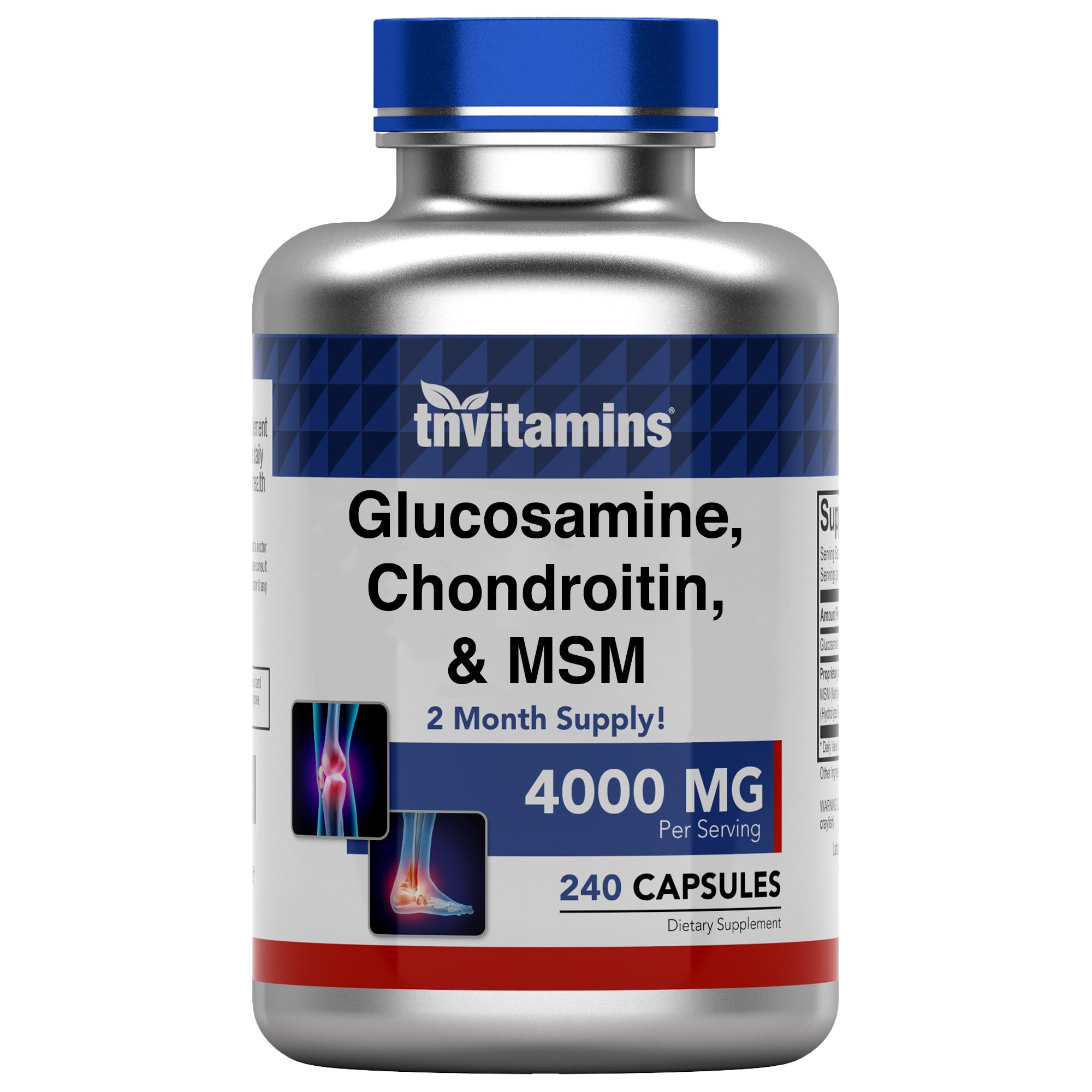 tnvitamins Glucosamine Chondroitin MSM Capsules, 240 Count | 4,000 mg Per Serving | 2,000 mg Glucosamine Sulfate 2KCl + 2,000 mg MSM & Chondroitin Blend | Joint Support Supplement
