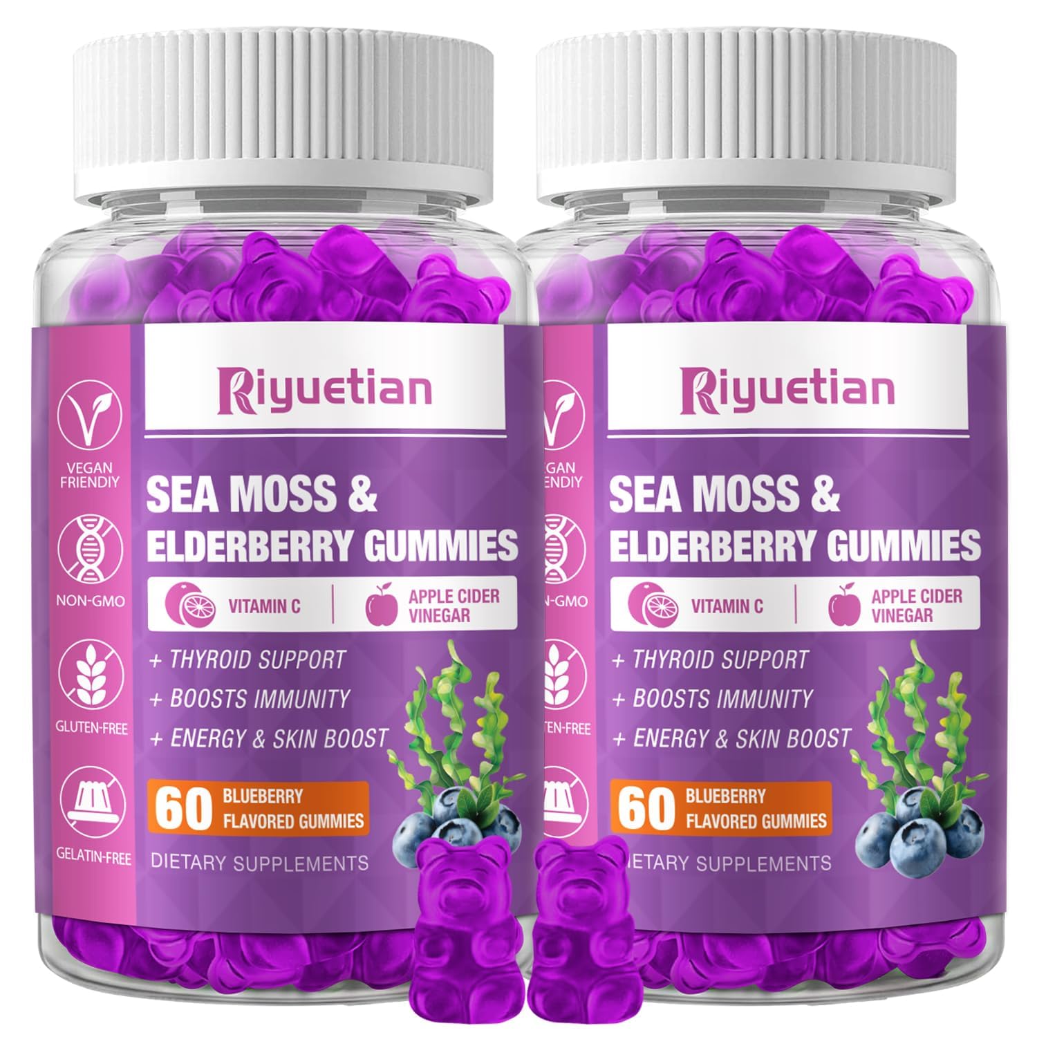 Riyuetian Sea Moss & Elderberry Gummies, Blueberry Flavored Gummy, Vitamins Sea Moss Supplements with Vitamin C + Zinc and Apple Cider Vinegar, Good Texture, Vegan-Friendly, 120 Count(Pack of 2)