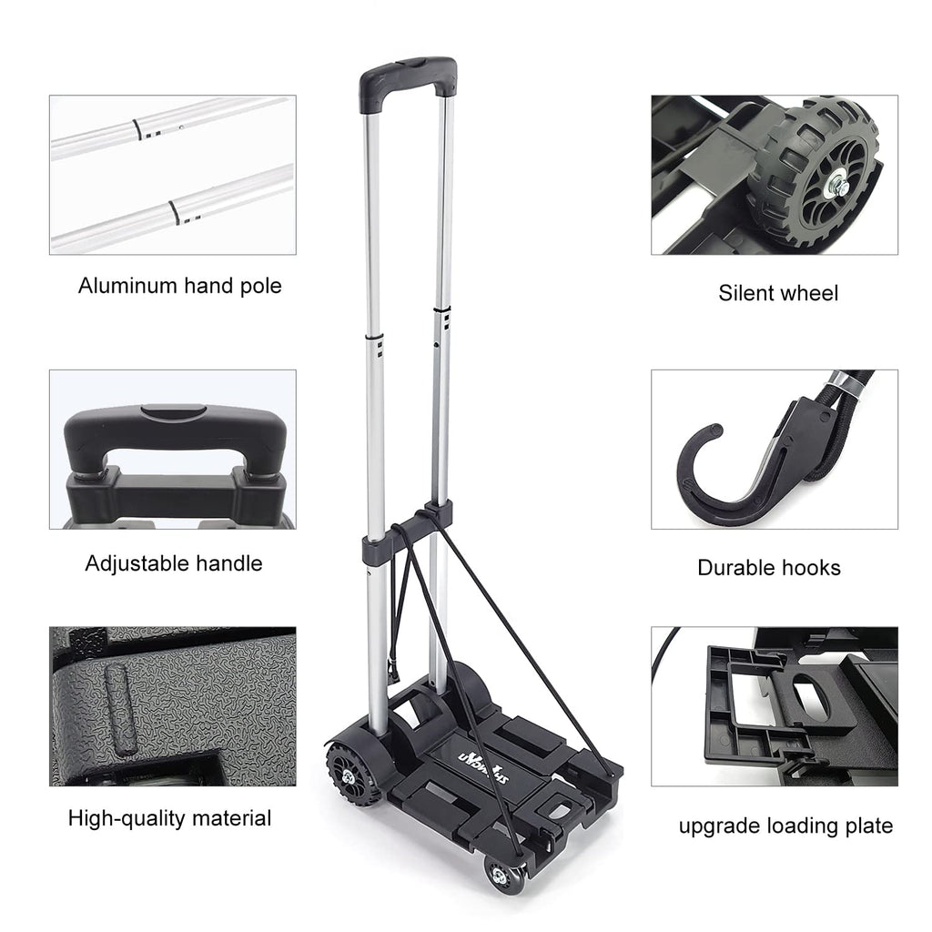 Folding Hand Truck Lightweight Trolley,Small Utility Dolly cart with 4 Wheels & 2 Elastic Ropes,Portable Backpack Trolley,Luggage cart,Dolly,Grocery cart,Travel,Moving,Shopping.Aluminum Pole,Black