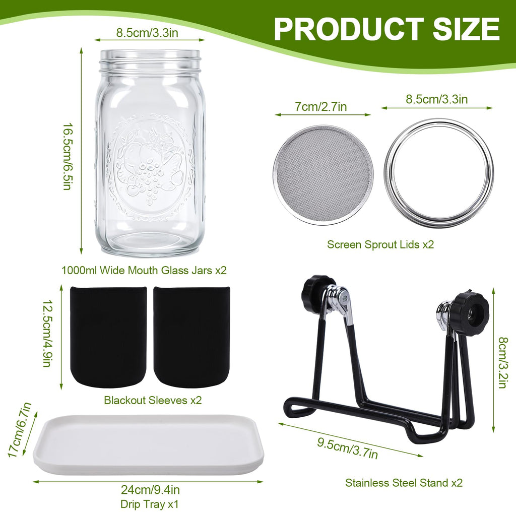 Broccoli Sprout Growing Kit, 2 Large 1000ML Wide Mouth Mason Jars with Sprout Lids, Stainless Steel Stand, Blackout Sleeves, Cleaning Brush, Drain Tray- Grow Broccoli, Alfalfa & Bean Microgreens
