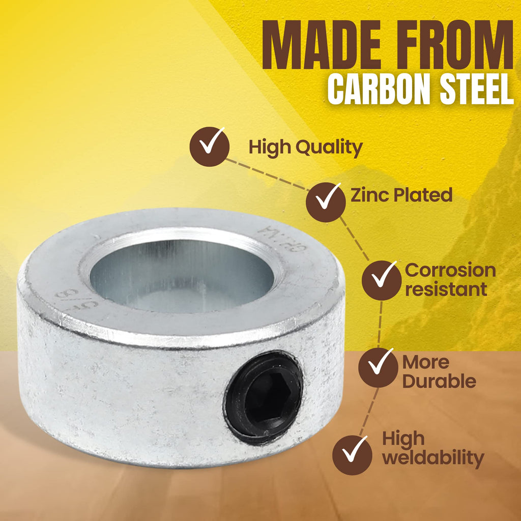 (4-Pack) 5/8” Bore Solid Steel Shaft Collars with Zinc Plated Coating - Durable Shaft Collars Suitable for Machinery and Industrial Use