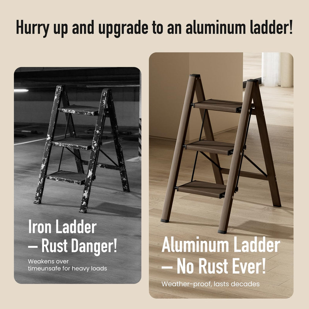 Mayi Plus 3 Step Ladder,Aluminum Folding Step Stool for Adults,Step Ladder with Wide Anti-Slip Pedal,330 lbs Capacity for Home,Office,Kitchen,Library(Walnut)