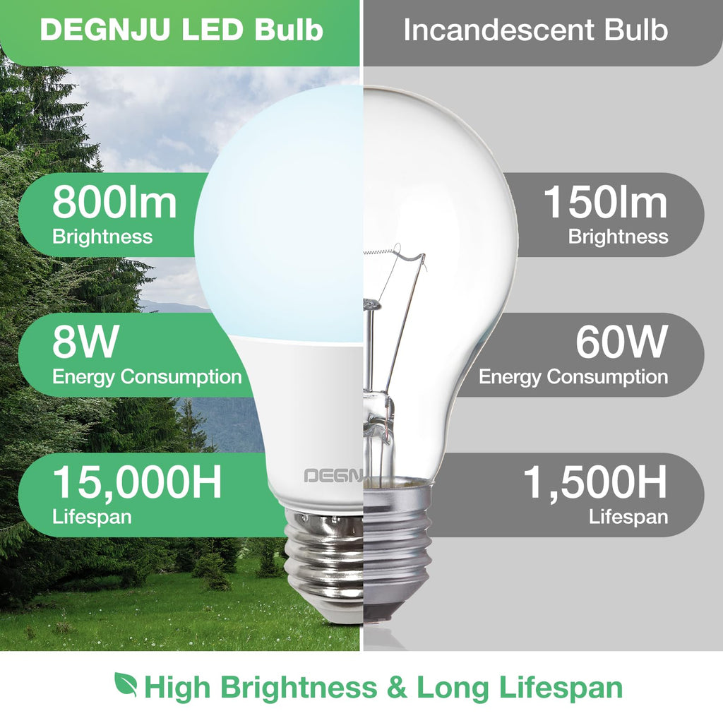 DEGNJU LED Light Bulbs Daylight 5000K, 60 Watt Equivalent LED Bulbs, A19 Standard Bulbs, 800 LM, 15000 Hours, E26 Base, Non-Dimmable, 8W LED Bulbs for Bedroom Living Room 24 Pack