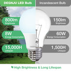 DEGNJU LED Light Bulbs Daylight 5000K, 60 Watt Equivalent LED Bulbs, A19 Standard Bulbs, 800 LM, 15000 Hours, E26 Base, Non-Dimmable, 8W LED Bulbs for Bedroom Living Room 24 Pack