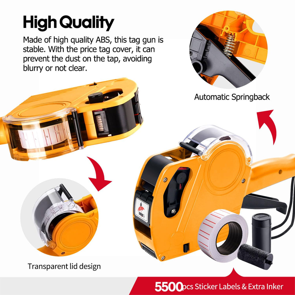 KPX Pricing Tag Gun, 8 Digits, 5150 White Labels, Yellow (Rectangular, Paper, 21*12 mm), One Touch Open System, Incl 3 Inker Rollers