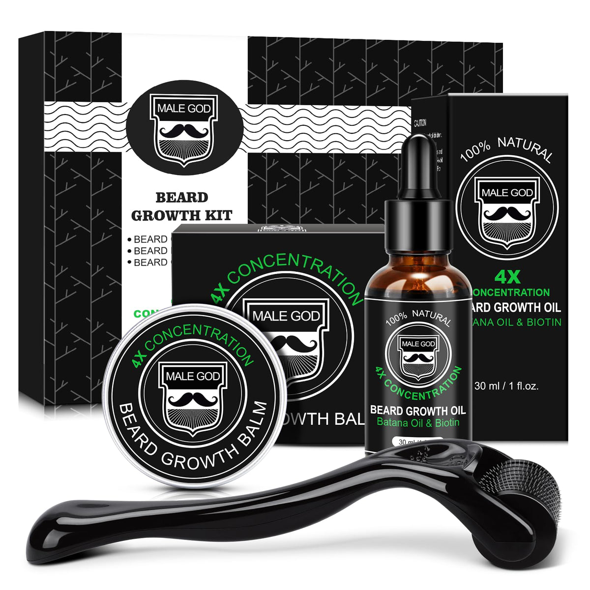 MALE GOD Beard Kit, Beard Growth Kit w/Natural Ingredients Beard Oil & Balm & Comb, Beard Growth Oil w/4X Thickening Biotin, Fathers Day | Chrismtas | Birthday Gifts for Men Him Husband Boyfriend Dad