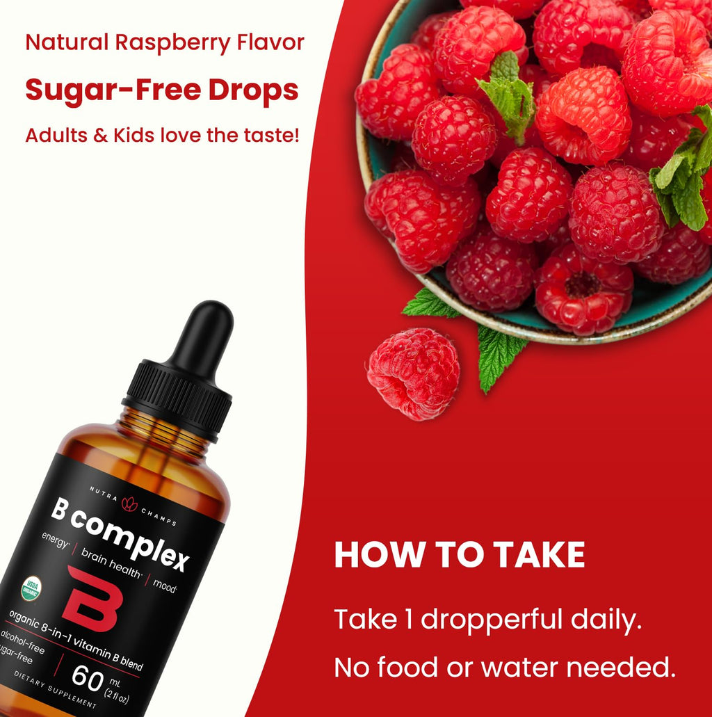 USDA Organic Vitamin B Complex Liquid Drops Sublingual B12 Methycobalamin | B1, B2, B3, B5, B6, B7, B9 | Methylated B Vitamins Complex for Women & Men | Biotin, Niacinamide, Folate & Folic Acid, 2oz
