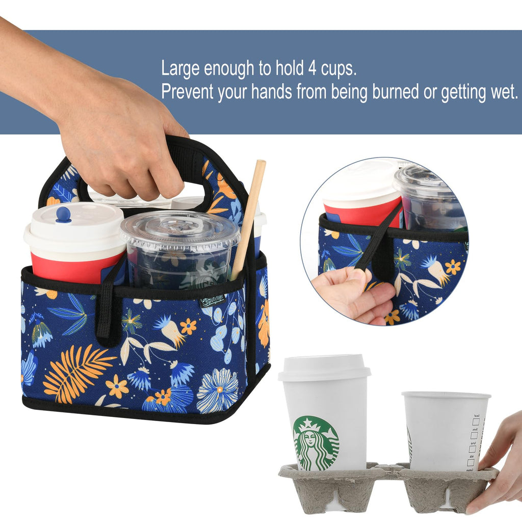 Beautyflier Reusable Insulated Coffee Cup Carrier, Portable Drink Holder with Handle Organizer Tote Bag for Hot & Cold Drinks (Blue Plants)