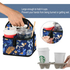 Beautyflier Reusable Insulated Coffee Cup Carrier, Portable Drink Holder with Handle Organizer Tote Bag for Hot & Cold Drinks (Blue Plants)