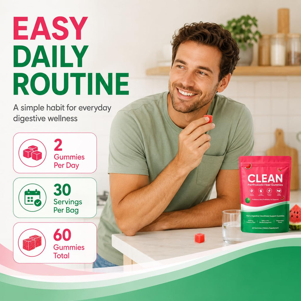 Clean Prebiotic Fiber Gummies for Men, Watermelon Flavor, Sugar-Free Pre+Probiotic Fiber Gummies, Supports Complete Clean, Digestive & Gut Health, Gluten Free, Gelatin Free, 60 Count