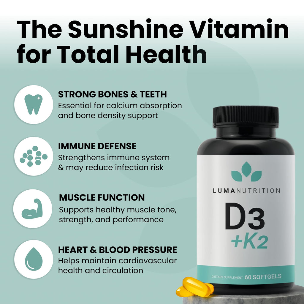 Luma Nutrition D3 + K2 Vitamin 10000 IU - Bone and Heart Health Supplement - Max Strength Immune Support and Calcium Absorption - 60 Softgels
