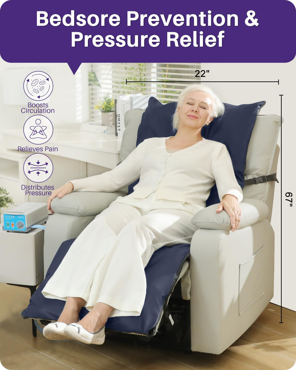 Kekoy Alternating Air Pressure Mattress Pad for Recliner Chair, Upgraded Anti-Slip Design, Pressure Relief Cushion & Bedsore Prevention for Elderly, Quiet Pump, Waterproof Cover for Home Hospital Use