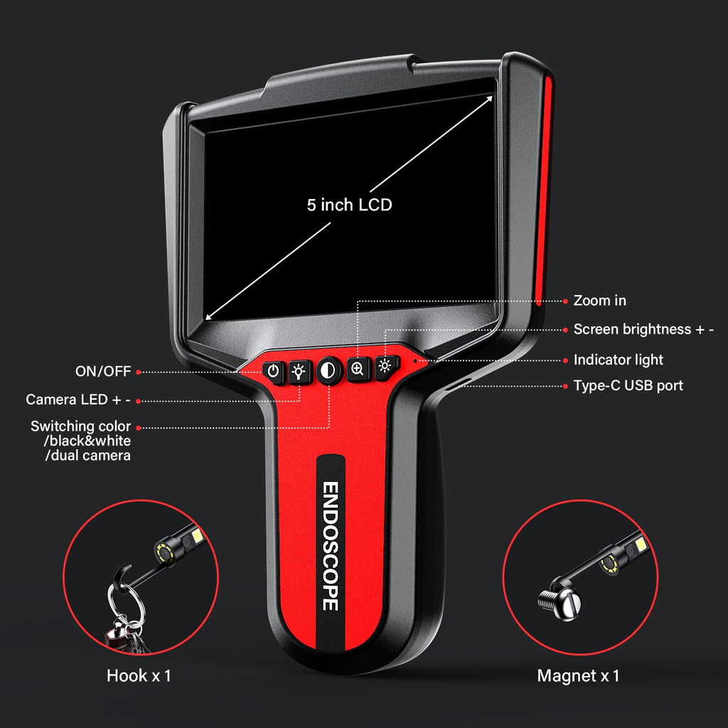 Endoscope Camera with Light: 5" 1080P HD Dual-Lens Inspection Borescope Camera for Sewer - 16.4ft Waterproof Industrial Endoscope - Flexible Snake BoreScope for Plumbing Automotive - Gift Tool for Men
