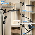 Shower Head, 8 inch Multifunction High Pressure Rain Shower Head with Handheld Spray Combo with 11'' Angle Adjustable Extension Arm/Flow Regulator/Shower System Matte Black