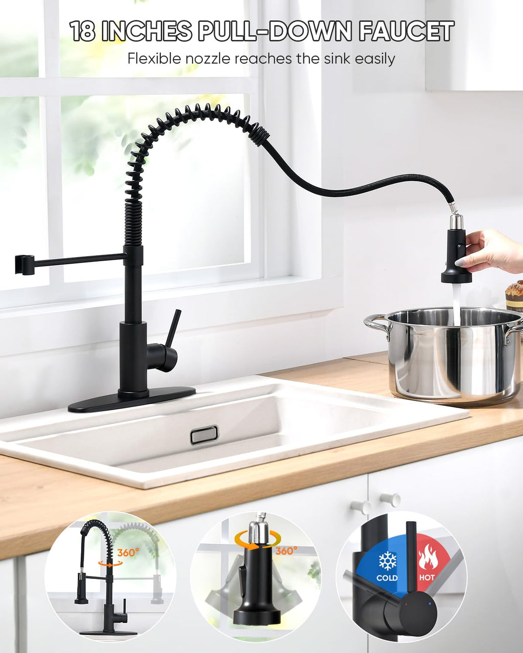 OWOFAN Black Kitchen Faucet with Pull Down Sprayer Stainless Steel Commercial Single Handle Classic Spring Pull Out Kitchen Sink Faucet for Pot Filler Farmhouse Camper Bar Laundry Room 866080R