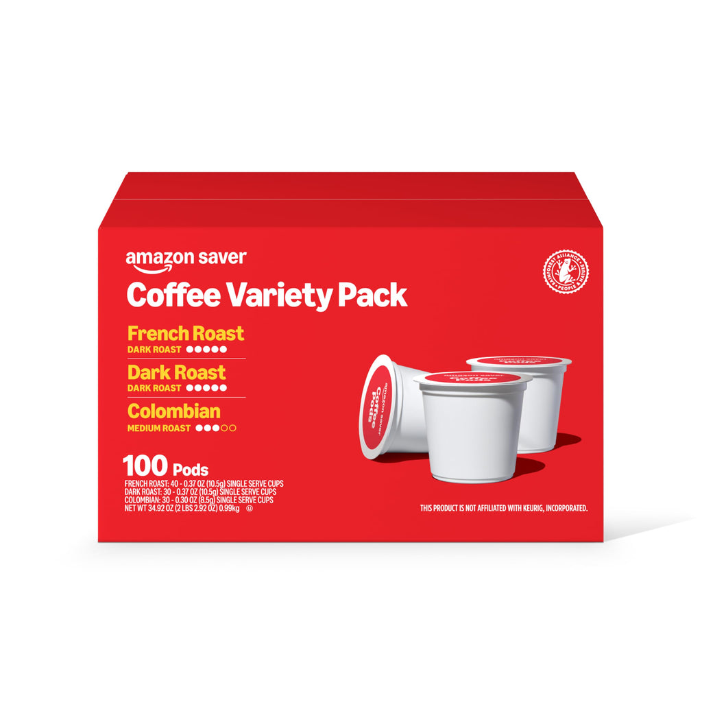 Amazon Saver, Coffee Pods, Variety Pack (French, Dark, Colombian), Compatible with Keurig 2.0 K-Cup Brewers, 100 Count