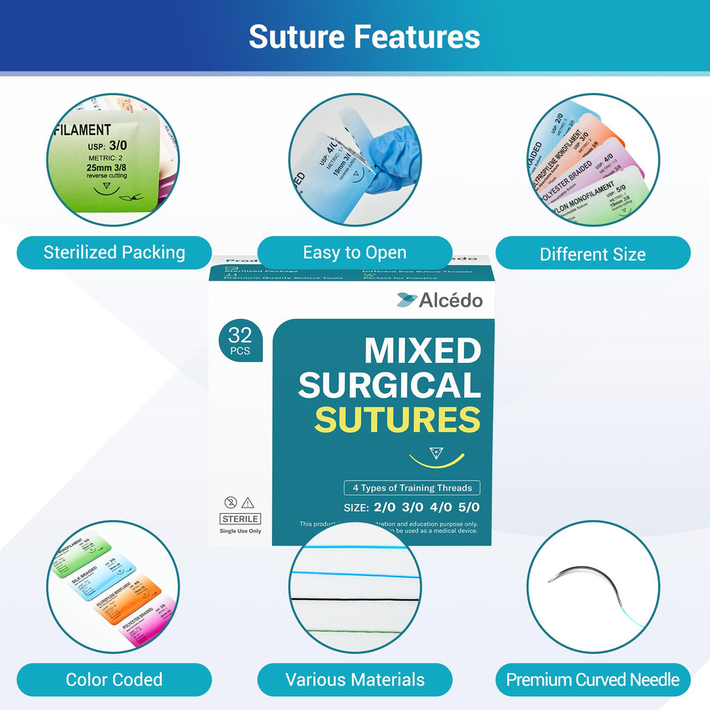 Alcedo Suture Thread with Needle 32 PK (2/0, 3/0, 4/0, 5/0), Non-Absorbable (Nylon, Silk, Polyester, Polypropylene) for Nursing and Students, First Aid Practice Kit Accessories, Education Only