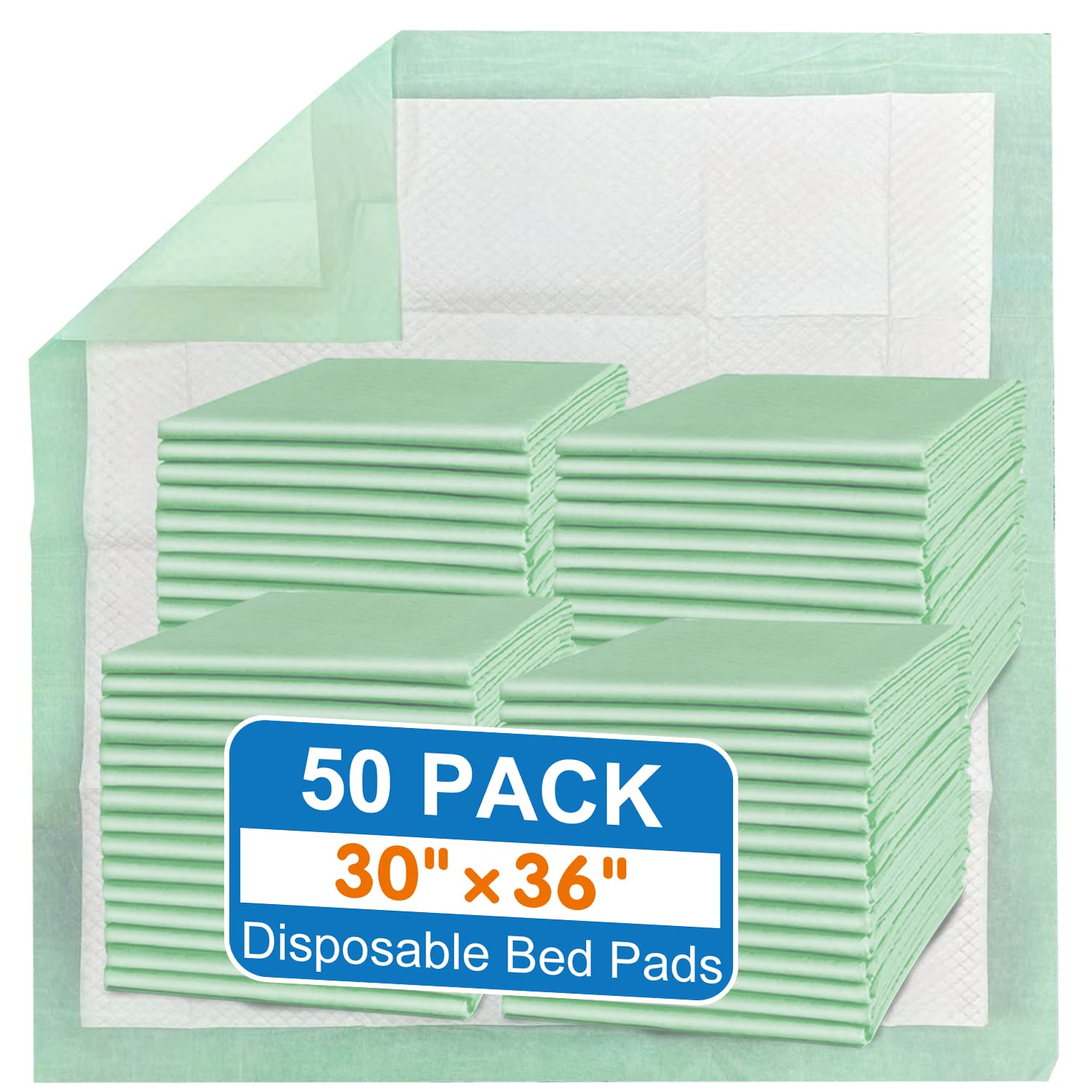 MILDPLUS Disposable Bed Pads 30“x36”, 50 Count Extra Large Underpads , Heavy Duty Absorbent Bed Pads for Adult Incontinence, Senior Care, Kids & Puppy Training Pads (No Adhesive)