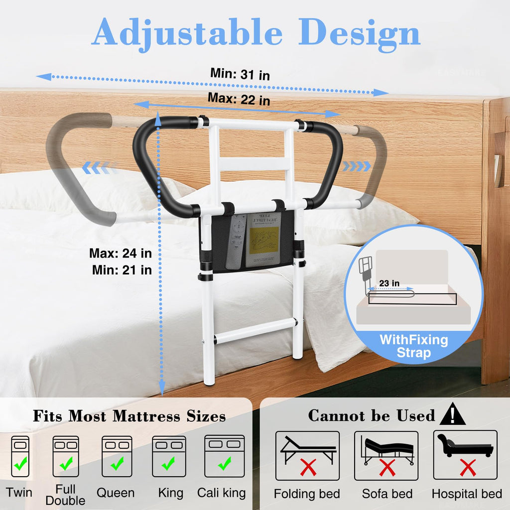 Bed Rails for Elderly Adults Safety: Adjustable Bedside Assist Rails with Storage Pockets, Non-Slip Handles, Items for Elderly Bed Rail, 400LB Gravity Capacity