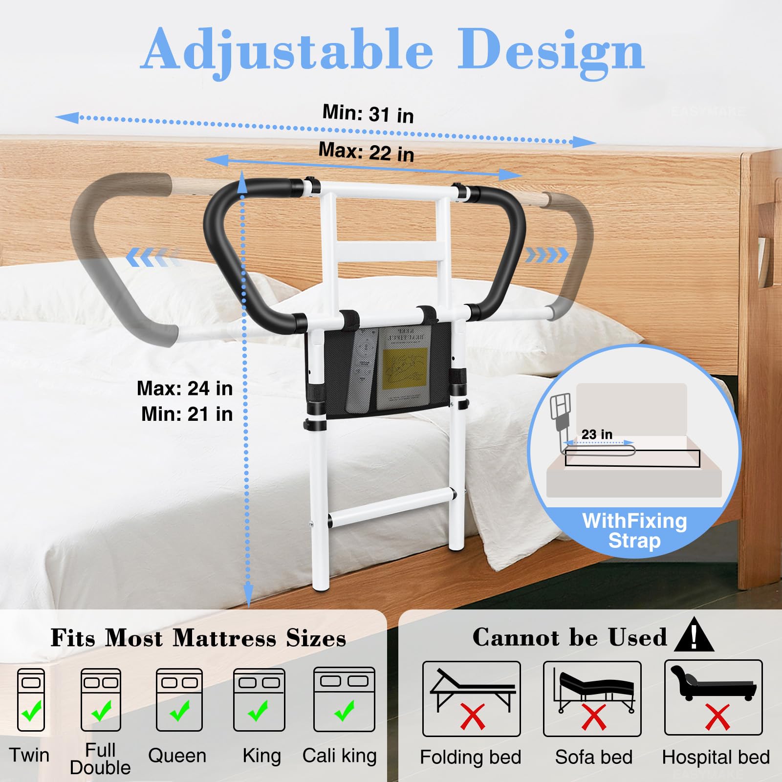 Bed Rails for Elderly Adults Safety: Adjustable Bedside Assist Rails with Storage Pockets, Non-Slip Handles, Items for Elderly Bed Rail, 400LB Gravity Capacity