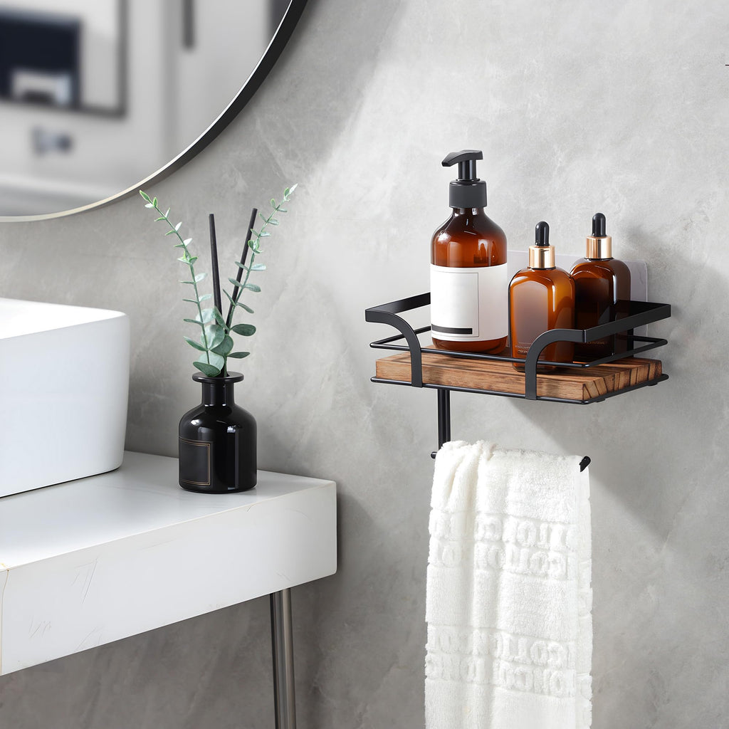 YIGII Rustic Farmhouse Toilet Paper Holder with Shelf - Wooden Tissue Paper Roll Holder, Bathroom Wall Mounted Toilet Paper Roll Holder with Wipes Storage, Black Metal
