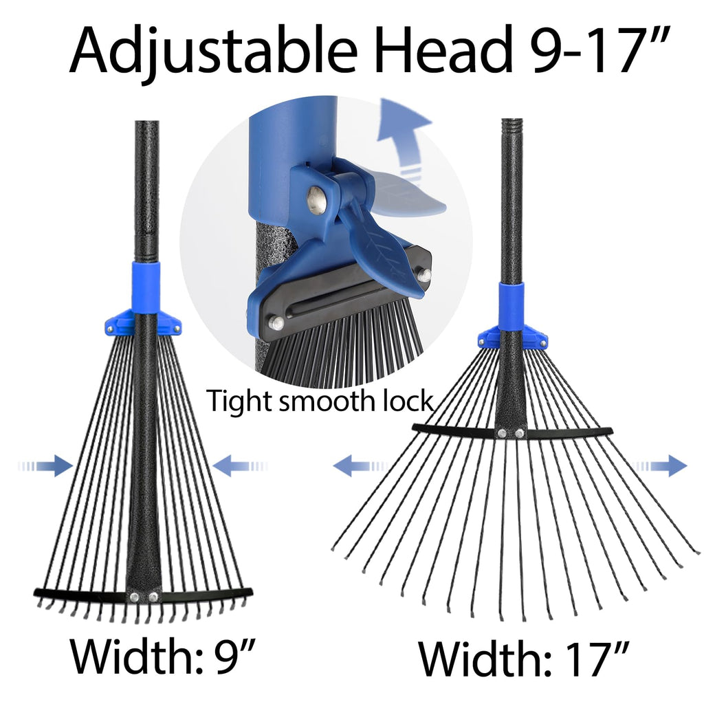 Adjustable Metal Leaf Rake Long Handle, Garden Rakes for Lawns Heavy Duty Leaves with Expandable Head 8-17", Yard Women Kids Rake for Gardening RV Camping