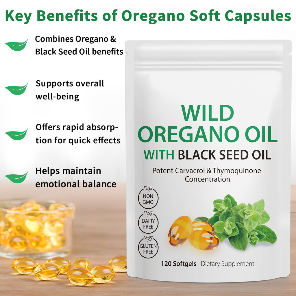 Oil of Oregano with Black Seed Oil, 6000mg Oregano Oil Capsules Organic, of Oregano Supplement Capsules, Natural Antioxidants, Non-GMO, Gluten Free, 120 Softgels, Pack of 2