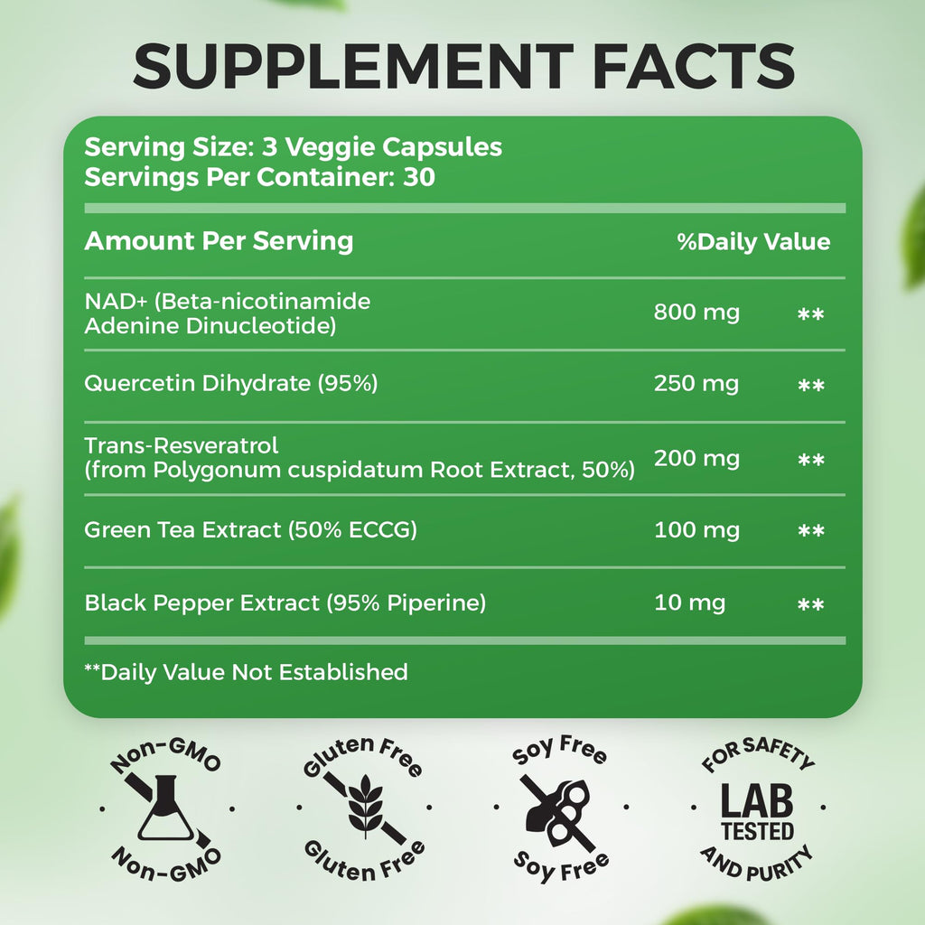 NAD+ Supplement, 1,360mg Max Strength Liposomal | Resveratrol, Quercetin, Green Tea | Cellular Energy & Healthy Aging for Men & Women | 800mg of 100% High Purity NAD+ for Energy, Focus - 90 Capsules